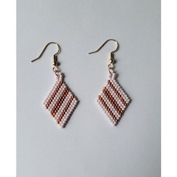 Handcrafted Geometric Diamond Shaped Beaded Earrings White and Rose Gold colored - Picture 1 of 2